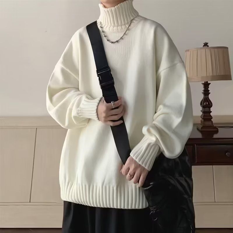 Lazy style white high neck sweater men's new winter trend ins loose and versatile solid color base line sweater_voghion.com