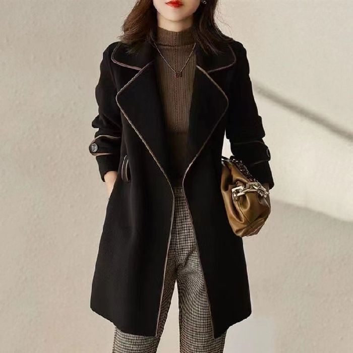 Elegante cappotto a mantella in misto lana double-face per donna - Trench oversize di media lunghezza con cintura, capospalla invernale caldo ed elegante_voghion.com