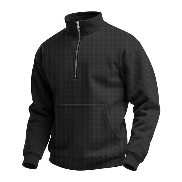 Men's Waffle Autumn Leisure Outdoor High Collar Half Zipper Pocket Pullover Long Sleeve Sweatshirt_voghion.com