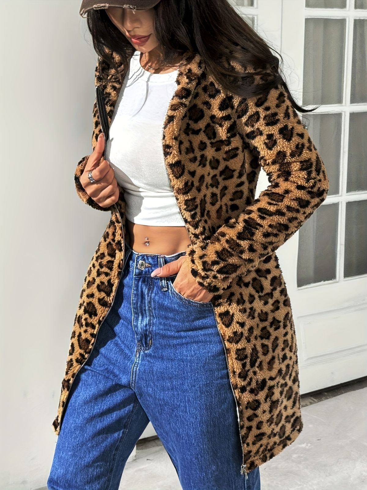 Leopard Print Women's 2025 Flannel Fur With Zipper Hood - High Elasticity Soft Warm All-Season Outerwear, Hine Washable_voghion.com