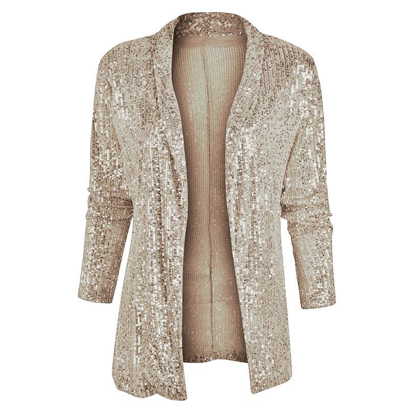 Pailletten Langarm Temperament Mittlerer Länge Kleinen Anzug Revers Einfarbig Jacke Frauen_voghion.com