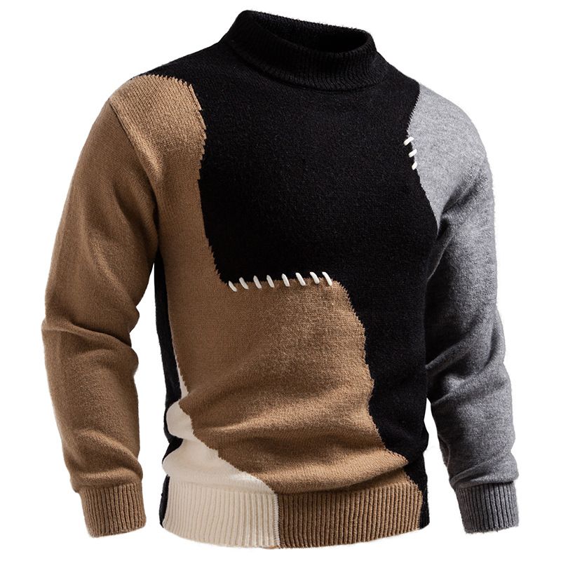 Men's Half-Turtle Neck Color-Block Knit Sweater, Casual Pullover For Big & Tall, Machine Washable (White, Black, Khaki)_voghion.com
