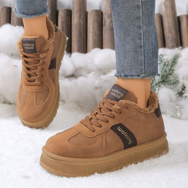 Damen-Wintersneaker mit Plüschfutter, dicker Gummisohle, niedrigem Absatz, rutschfester Passform, bequeme Stiefel mit runder Zehenpartie._voghion.com