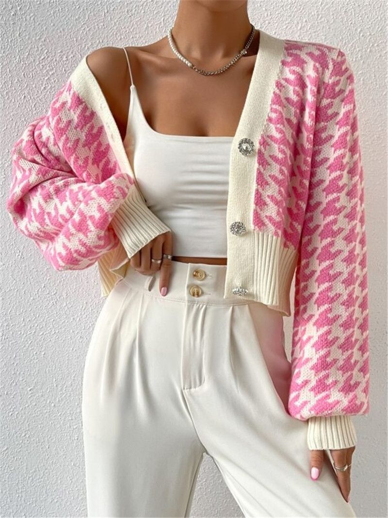 Damenbekleidung Herbst- und Wintermuster Laternenärmel Strickjacke Pullover Kurzmantel_voghion.com