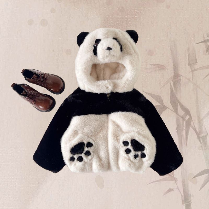 Boys girls baby hooded and plush thick cute little panda fur sweater jacket imitating mink 2024 new winter outfit_voghion.com