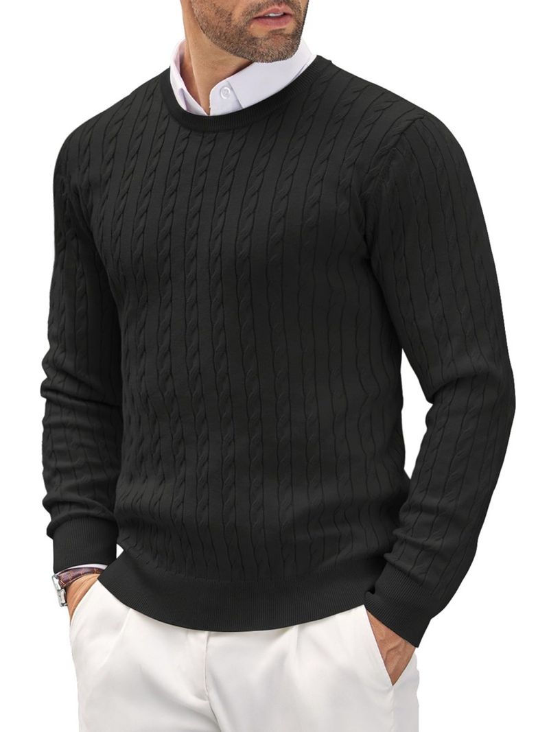 Maglione da uomo slim fit in maglia a trecce – Pullover classico con scollo rotondo e motivo testurizzato (nero/blu navy/beige, M-3XL)_voghion.com