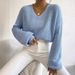 Knitted Women's Clothing 2023 Autumn Solid Color Lantern Long Sleeve Pullover Sweater V-Neck_voghion.com