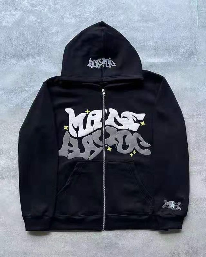 Men's clothing hip-hop letter print cardigan zipper hoodie youth casual sweater trend_voghion.com