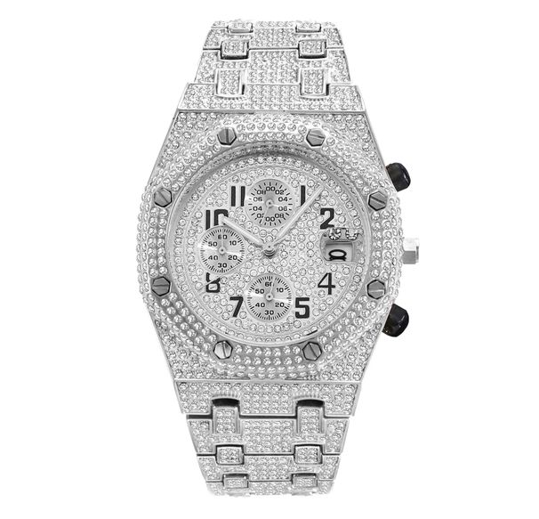 Montre de luxe hip-hop pour homme avec accents de diamants, chronographe et affichage de la date, étanche jusqu'à 30 m, mouvement à quartz, boîtier en acier inoxydable et bracelet en alliage_voghion.com
