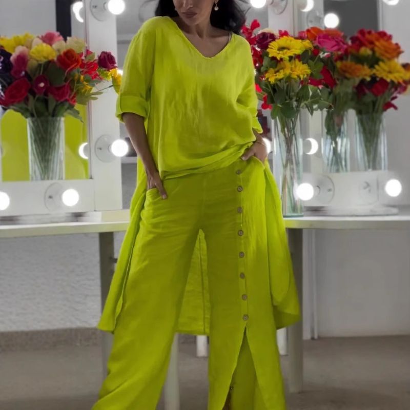 Dameskleding Lente Casual V-hals Onregelmatige top Wijde pijpen Knoopsluiting Broek Tweedelig pak_voghion.com