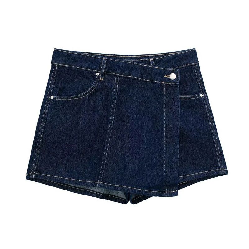 Women's Casual Pocket Denim Shirt Asymmetric CulottesSuit_voghion.com