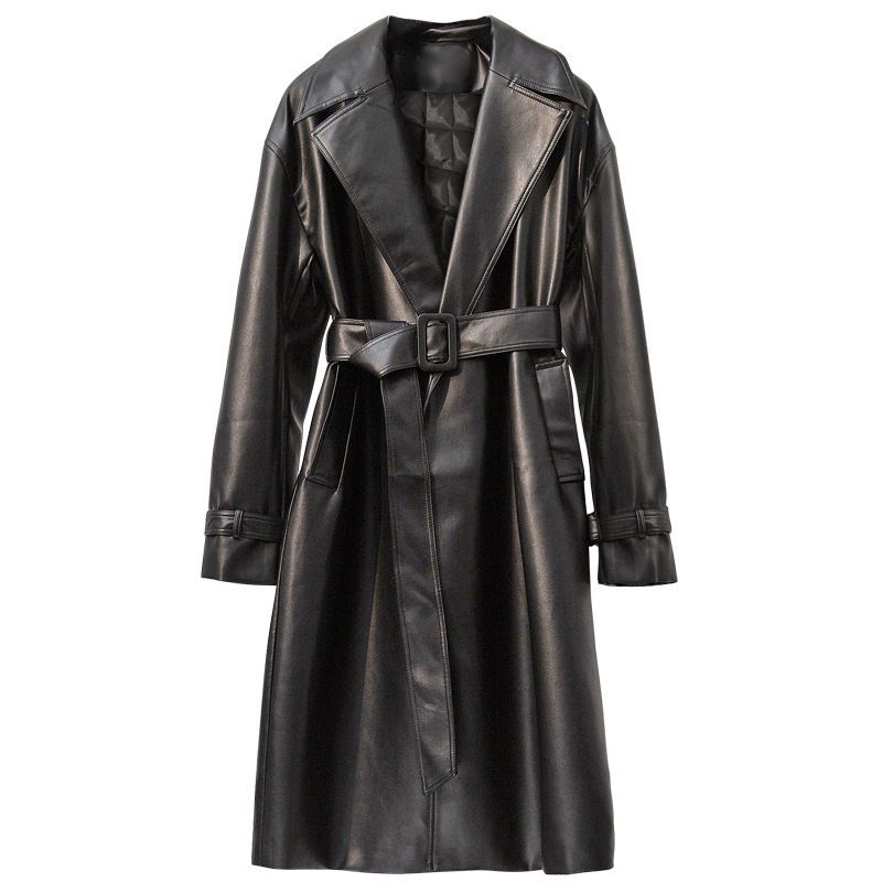 Trench lungo da motociclista in pelle PU con lacci aderenti da donna_voghion.com