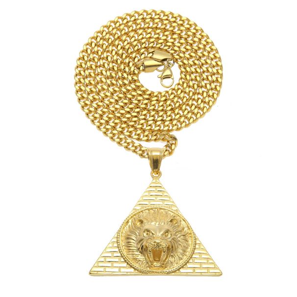 Gioielli da uomo e da donna - Collana hip hop in acciaio inossidabile con ciondolo a forma di testa di leone, catena cubana placcata in oro, accessorio di moda unisex retrò_voghion.com