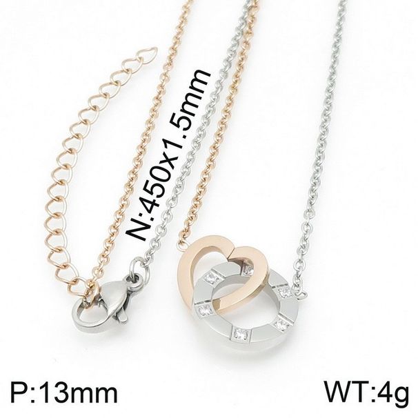 Collana con clavicola a doppio anello semplice, in acciaio inossidabile con cuciture bicolore e a forma di cuore, da donna, con diamanti. Regalo per San Valentino cinese._voghion.com