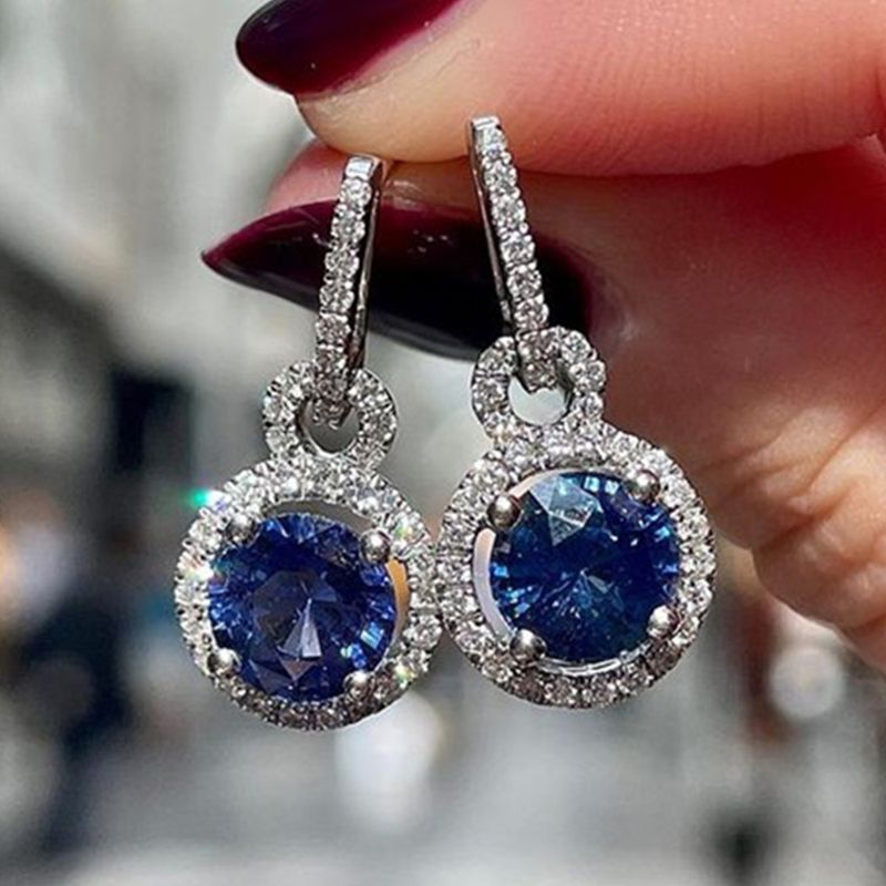 Cao Shi's live streaming website's popular luxury sapphire blue zircon long earrings temperament Valentine's Day gift earrings for women_voghion.com