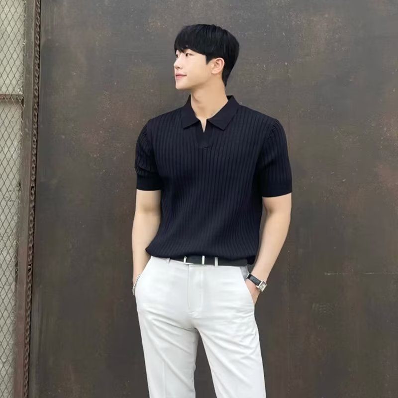 Men's Clothing High Quality Casual Lapel Slim Knit Sweater Men's Polo Short Sleeve Trend_voghion.com