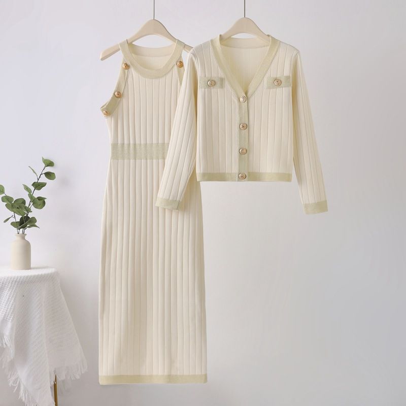 Damenbekleidung Temperament Dame Hohe Taille Mode Zweiteiliges Pulloverkleid 2024 Frühjahr Neues gestricktes Pulloverwestenkleid_voghion.com