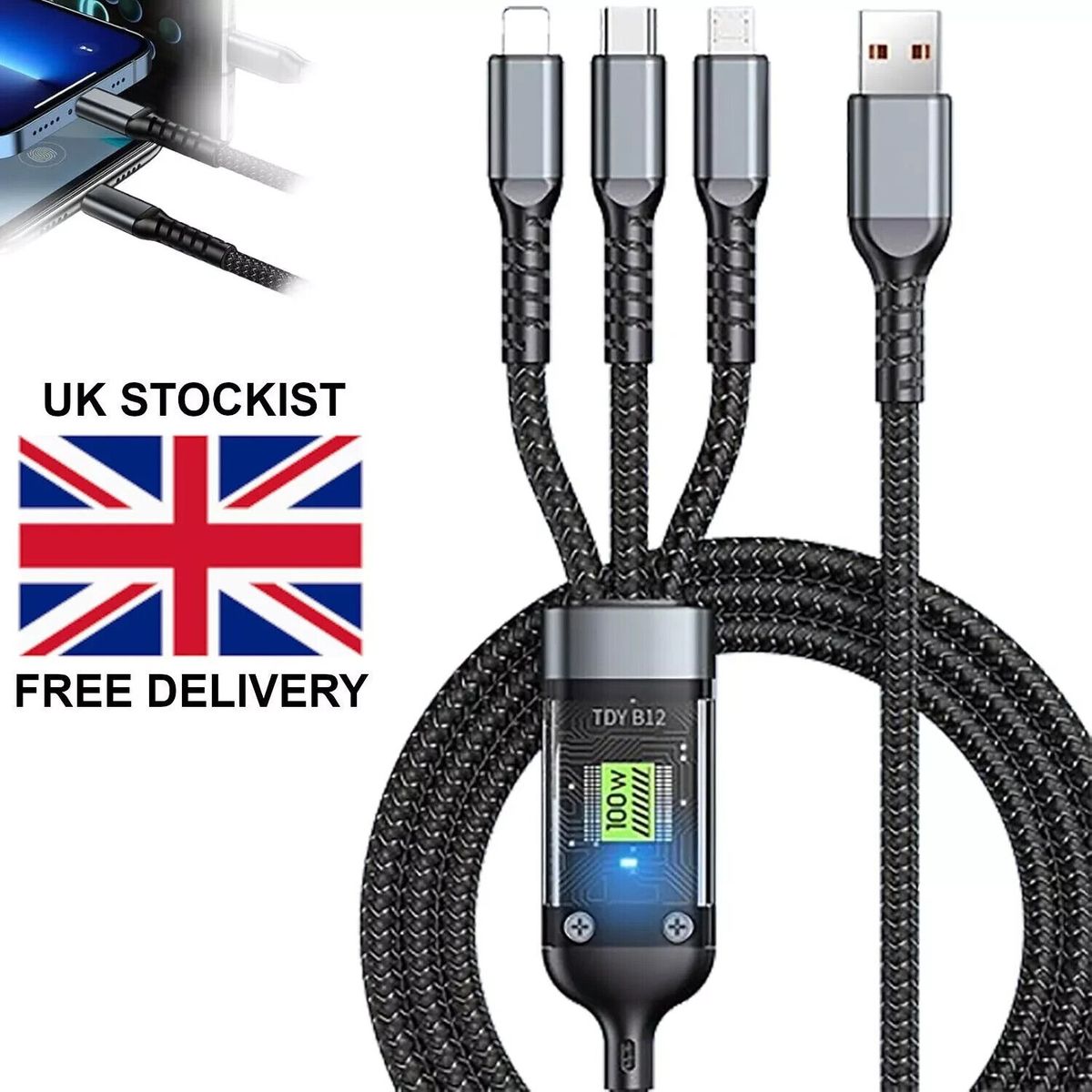 Transparentes leuchtendes 3-in-1-Schnellladekabel mit 100 W – USB für iPhone und Android_voghion.com