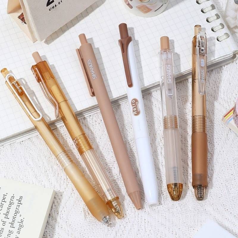 Smooth Writing 0.5mm Gel Pen Set - 6 Pack, Quick-Dry, Non-Smudge, Stylish Aesthetic For Study & Office (Pink/Brown Series, Press-Type)​_voghion.com