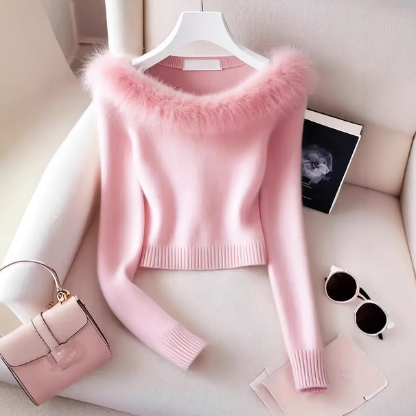 Maglione lavorato a maglia soffice con spalle scoperte – Pullover aderente e morbido_voghion.com