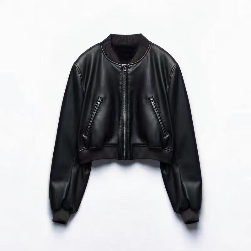 Bomber da donna street fashion in similpelle con colletto in piedi, giacca corta in pelle nera_voghion.com