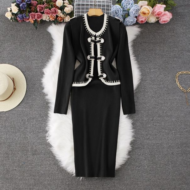 Elegante conjunto de dos piezas de vestido de punto tipo chaleco para mujer: cárdigan ajustado y falda._voghion.com