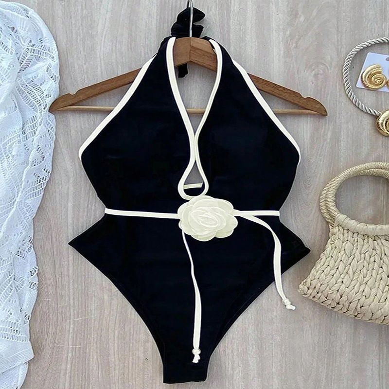 Swimsuit 2025 New Solid Color Hanging Neck Three-dimensional Flower Swimsuit Women's Waist Slimming Beach Bikini_voghion.com