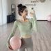 LazyZoom New Women's Yoga Clothing Set With Chest Pads, Summer Sports Short Running Quick-Dry Fitness Top Long Sleeve_voghion.com