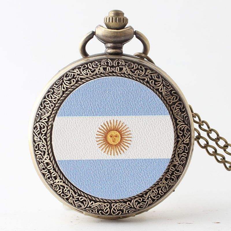 Argentina Flag Bronze Vintage Flip Quartz Chain Large Numbers Pocket Watch Student Trend_voghion.com