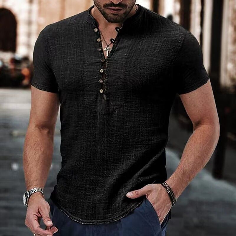 Vêtements pour hommes chemise en lin décontractée pour hommes vêtements décontractés d'été à col en v uni_voghion.com