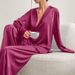 Women's satin T-button nightgown pajama pants Solid color home set loose pajamas_voghion.com