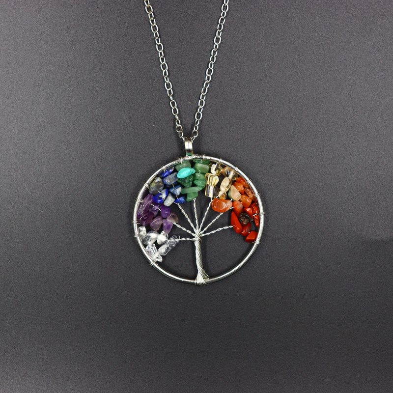 Handmade Tree Of Life Necklace - 7-Color Aura Crystal Gravel & Natural Stone Pendant_voghion.com