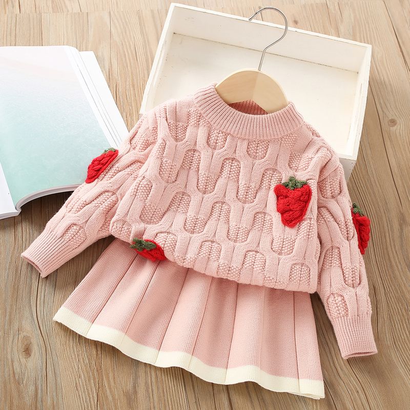 Ensemble pull tricoté pour filles, nouvelle édition coréenne, à la mode, bébé, grosse fraise, tricoté, deux enfants, automne/hiver 2023_voghion.com