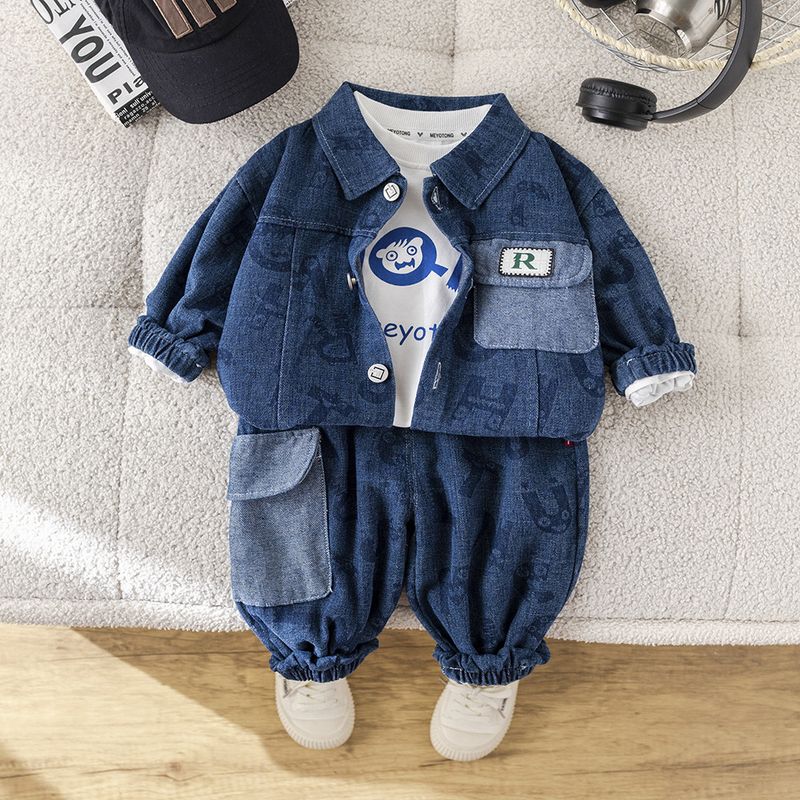 Mother & Kids Boy Spring Suit 2025 Baby New Style Children's Stylish Casual Cartoon Denim Vest Three Piece Suit_voghion.com