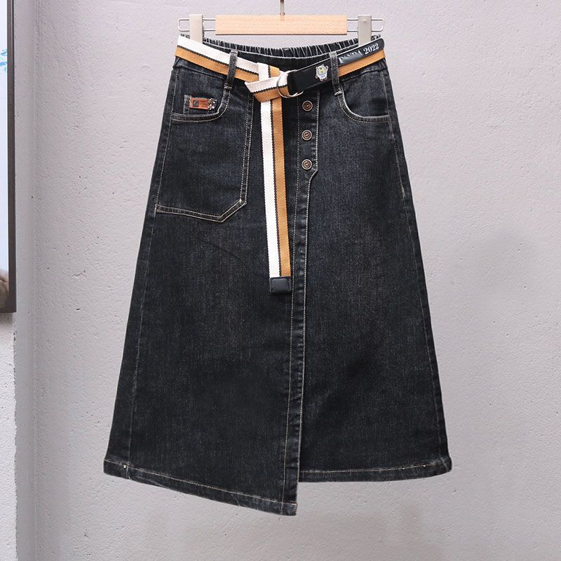 Damenbekleidung Sommer unregelmäßiger A-Linien-Schlankrock Frühling und Sommer High-End-elastischer Taillen-Vielseitiger Jeansrock Damen-Mittellanger Rock_voghion.com
