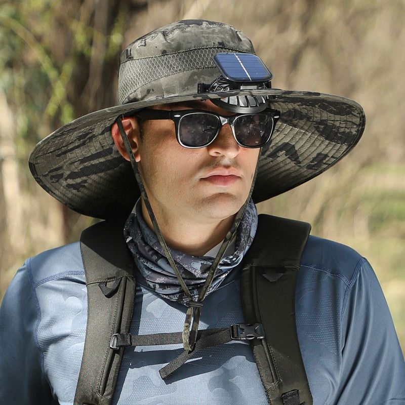 Solar Powered Fan For Men, Summer Wide Brim UV Protection Fisherman Hat, Hiking Fishing Sun Hat_voghion.com