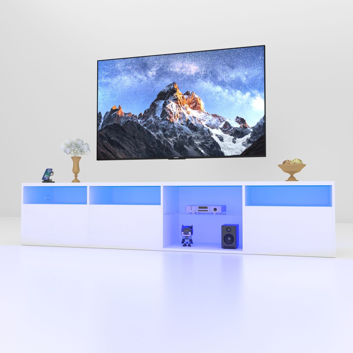 TV Console with Storage Cabinets, 82.6 Inch Long LED TV Stand with Full RGB Color Selection, 31 Modes Changing Lights Modern Entertainment Center with_voghion.com