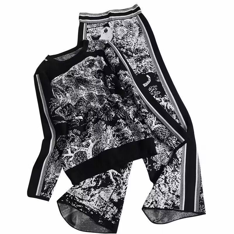 Women's Clothing  Fashion suit high-waisted printed wide-leg pants straight-cut slim pants two-piece set tiger jacquard knitted sweater_voghion.com