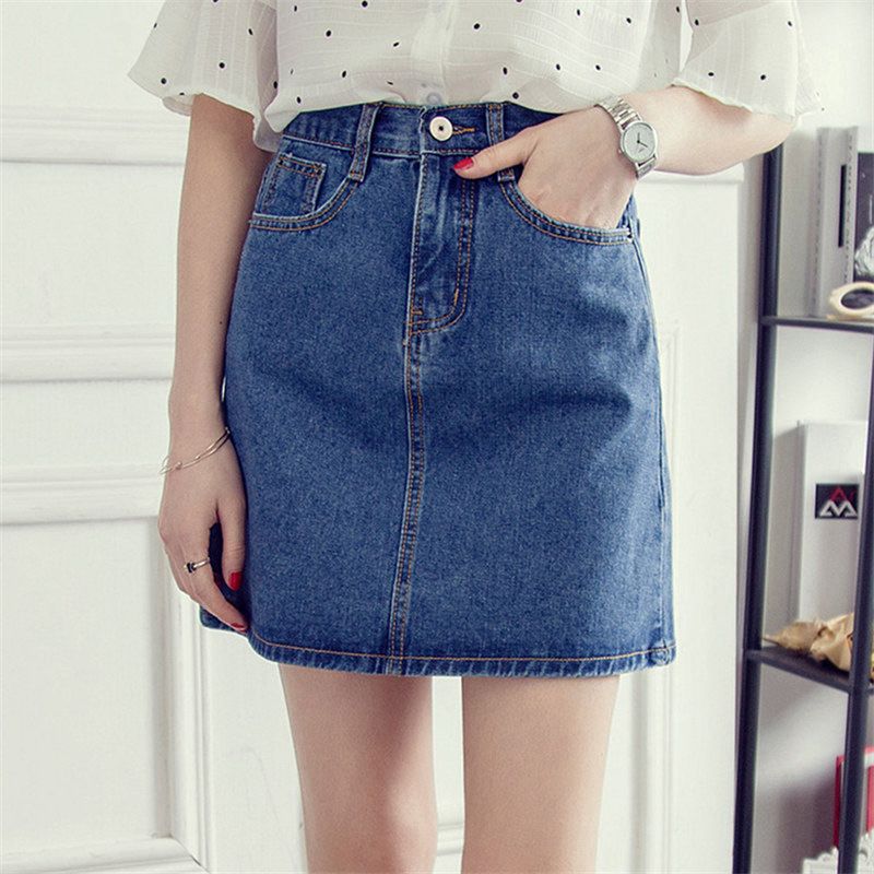 Summer High Waist Button A-line Women's Korean Academy Style Solid Color Denim Short Skirt_voghion.com