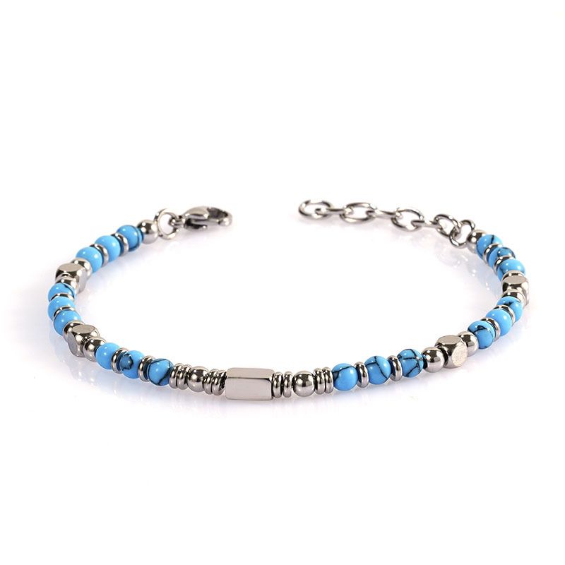 Bracciale di alta qualità in acciaio inossidabile naturale con ossidiana blu turchese e pietra occhio di tigre fatta a mano_voghion.com