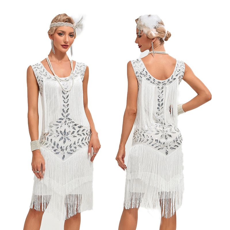 Women's Clothing Dance Skirt Round Neck Sequin Beaded Embroidery Tassel Vest Large Size Dress_voghion.com