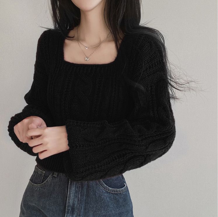 Square neck lantern lazy style short sweater women's Korean version 2024 autumn winter pullover long sleeve solid Fried_voghion.com