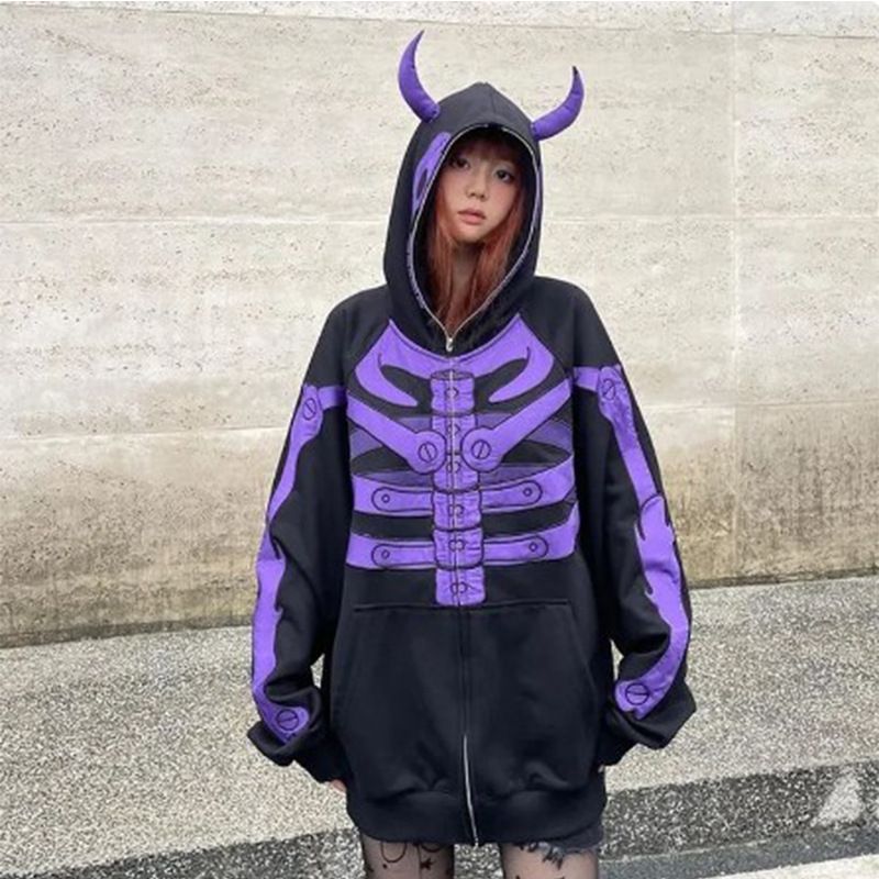 Sudadera con capucha y cremallera de cuerno con estampado de calavera de calle para mujer (2023)_voghion.com