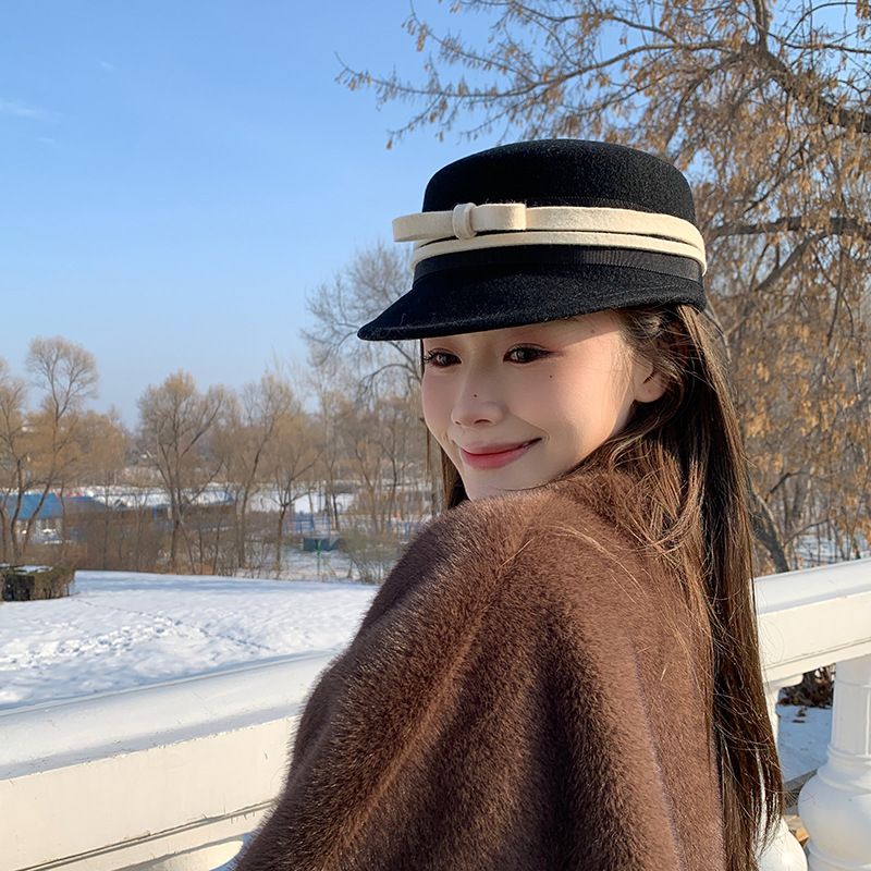 wool Equestrian Hepburn Style Small Lady Hat Women's Fall And Winter Black Beanie Beret_voghion.com
