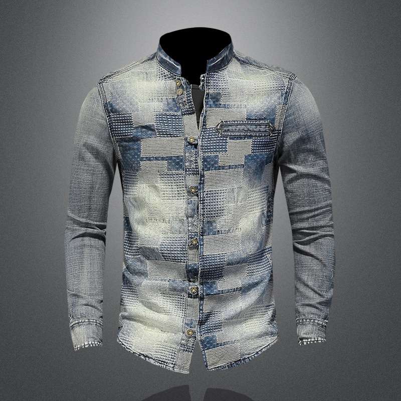 Abbigliamento da uomo Camicia in denim con patch di personalità di colore vintage Camicia punk floreale artistica per uomo_voghion.com