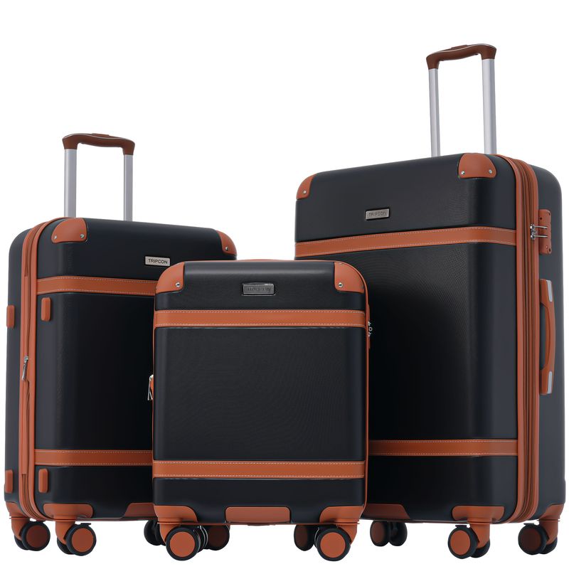 Koffer-Set, Hartschalen-Koffer, Rollkoffer, Reisekoffer, Handgepäck 4 Rollen, ABS-Material, TSA Zollschloss, (schwarz + Braun)_voghion.com
