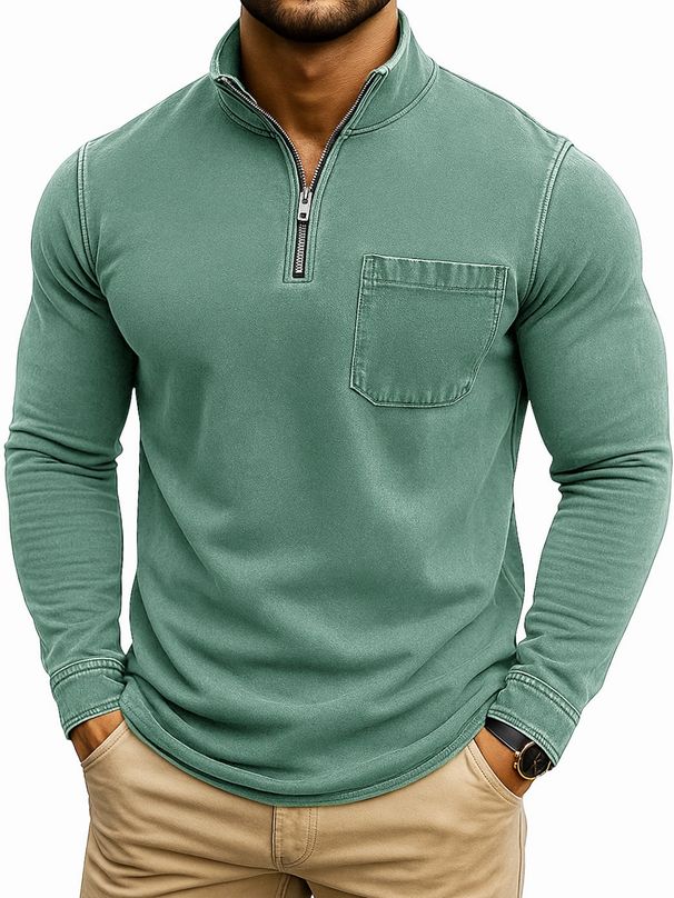 Herrenbekleidung Lässig verwaschenes, abgenutztes Vintage-T-Shirt mit Viertelreißverschluss und Tasche, langärmlig, für Herren – Retro-Freizeitpullover mit abgenutztem Finish_voghion.com
