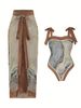 Plus Size Retro Tankini Set, Women's Plus Marble Print Tie Shoulder One Piece Swimsuit & Skirt Two Piece Bathing Suit_voghion.com