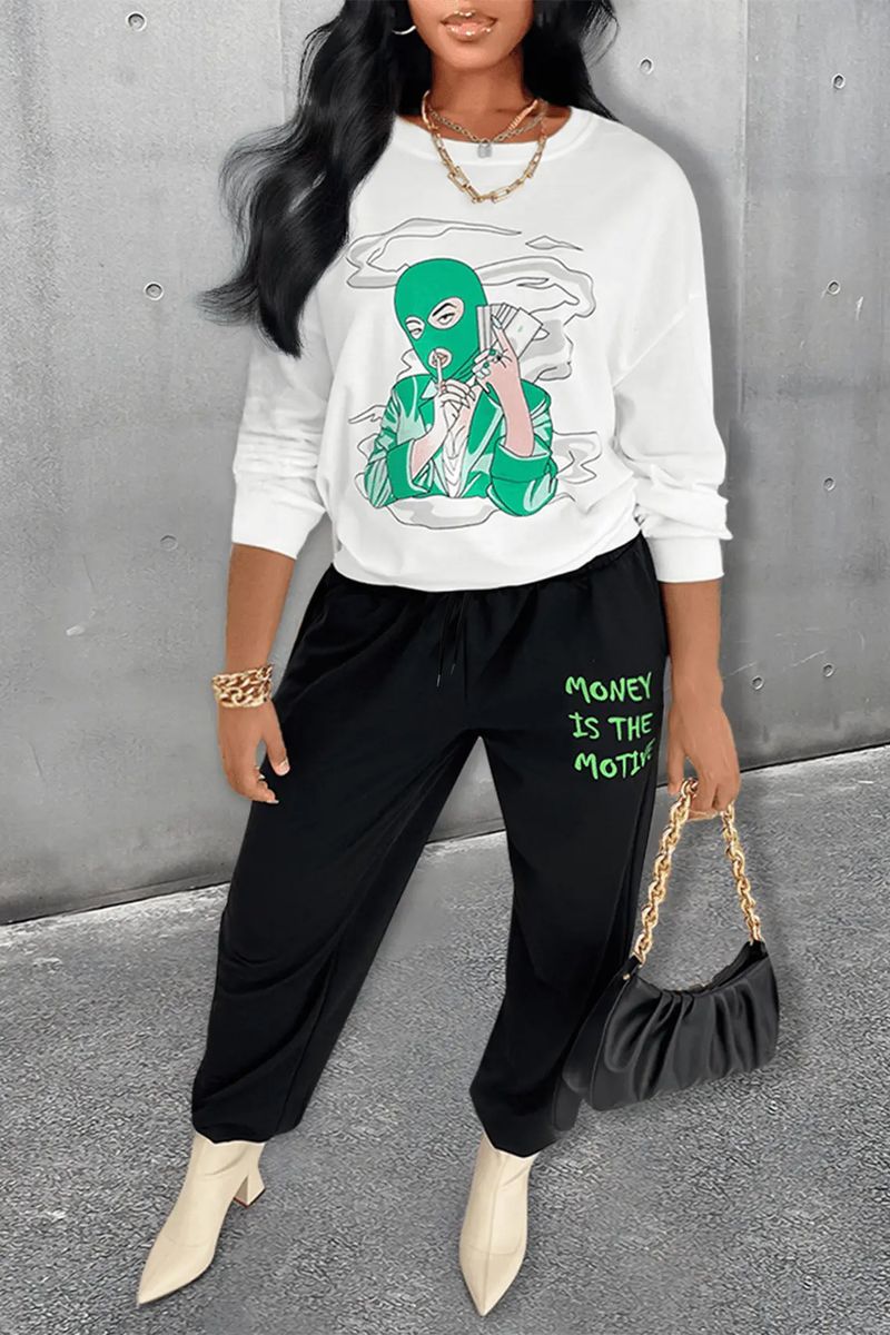 Costume sweat-shirt à col rond de couleur assortie, costume sweat-shirt et pantalon de survêtement imprimés MONEY IS THE lettre_voghion.com