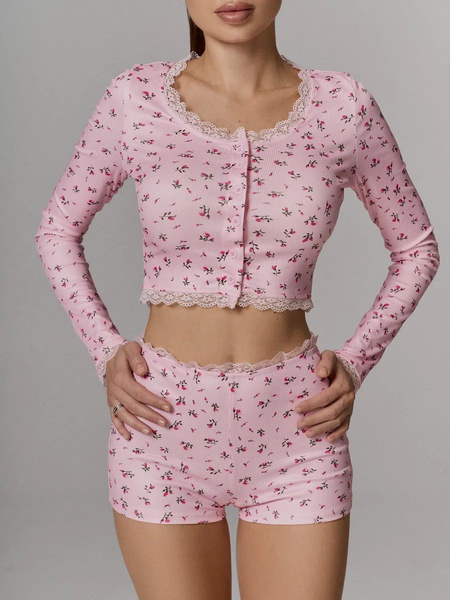 Heiß verkaufter Pyjama mit Spitzenbesatz und langen Ärmeln, tragbare Homewear, zweiteiliges Nachtwäsche-Set_voghion.com